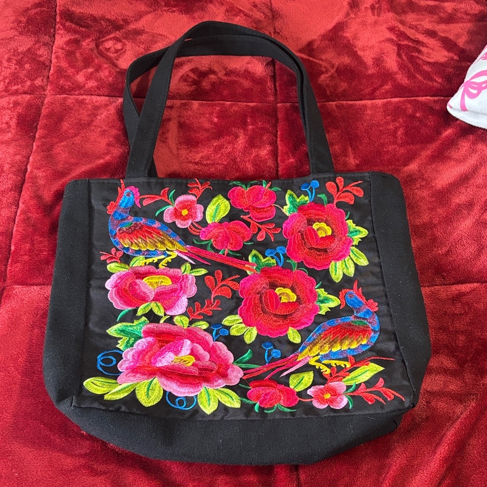 Embroidered Floral Black Tote Bag